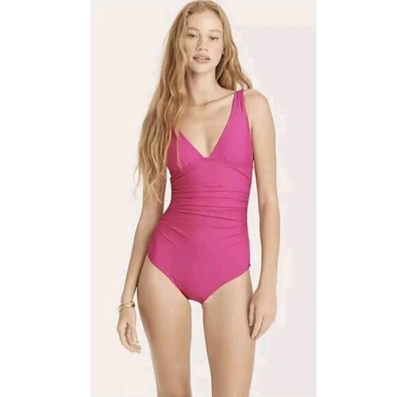 J. Crew Long-Torso Ruched V-neck One-Piece Swim Radiant Fuchsia Pink Size 20(857 - Picture 1 of 5